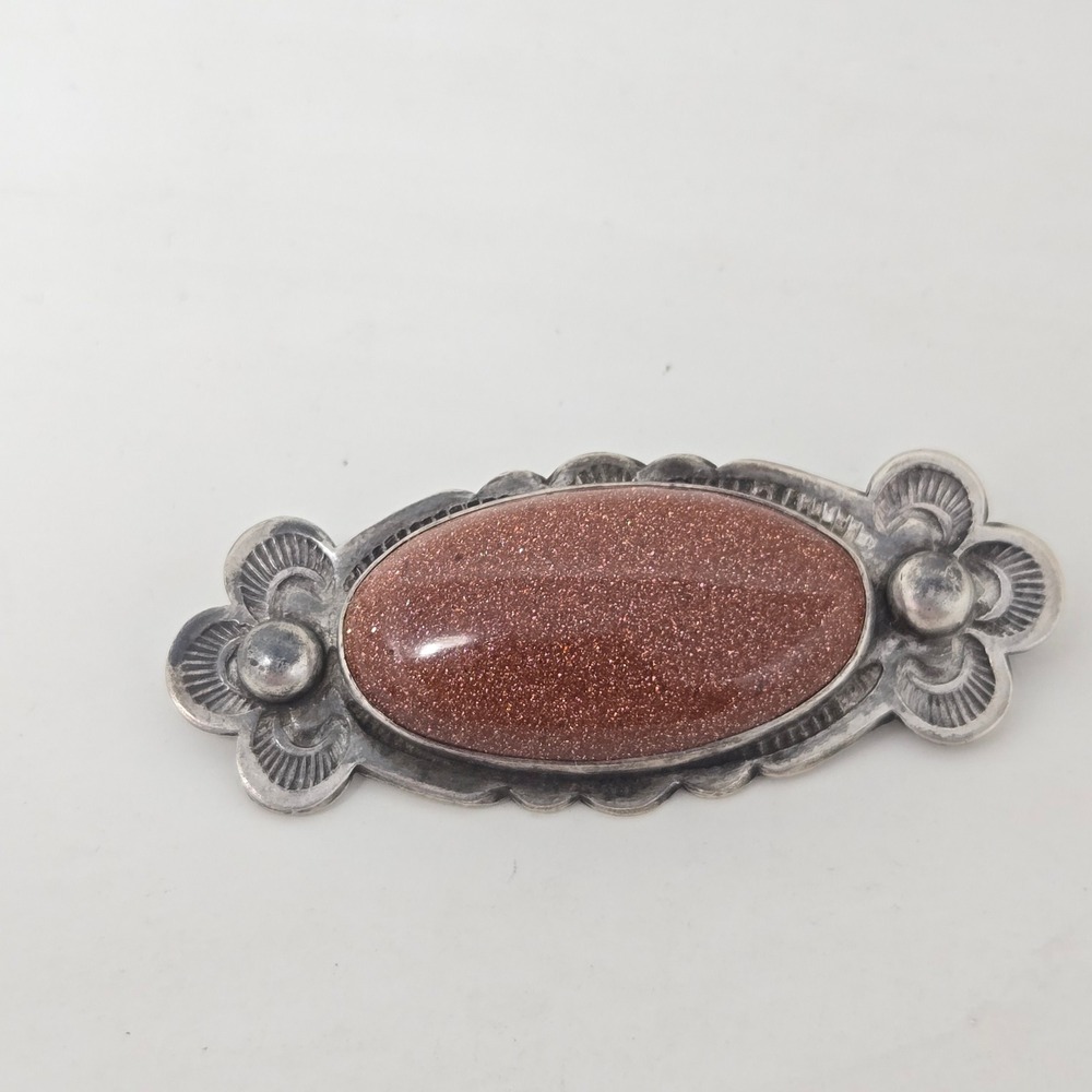 Vintage Sterling Silver Brown Goldstone Brooch Southwestern Scalloped Pin 2 Inch